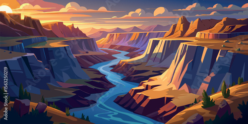 Serene Sunset over Majestic Canyon River: Vibrant, stylized illustration of a winding river carving through dramatic, colorful cliffs at golden hour.