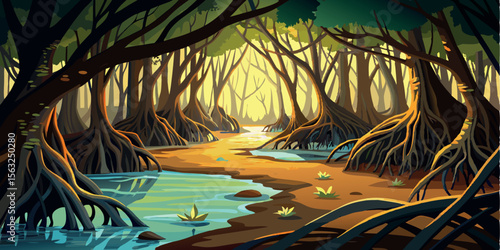 Serene Mangrove Forest Stream:  Warm Sunlight, Lush Greens, Intricate Roots, Tranquil Water,  Peaceful Atmosphere, Vector Illustration.