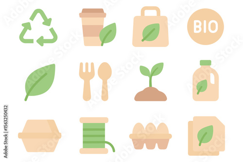 Eco-friendly lifestyle icons vector illustration for sustainable design, flat style
