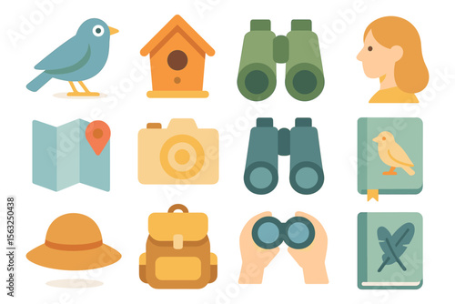 Birdwatching adventure vector illustration: flat design elements for travel and nature enthusiasts