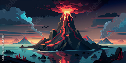 Volcanic Island Eruption: Dramatic Stylized Landscape, Fiery Lava Flow, Dark Moody Atmosphere, Fantasy Setting, Digital Painting.