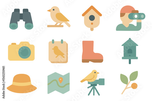 Birdwatching icons vector illustration - flat style design for nature enthusiasts