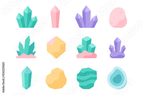 Gemstone collection vector illustration: geometric crystal gems for design in flat style