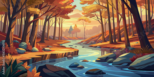 Serene Autumn Stream:  Vibrant Fall Foliage,  Stylized Vector Illustration, Peaceful Woodland Creek Scene,  Warm Sunset Hues, Tranquil Nature Background.
