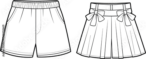 Vector fashion flat sketch of girls shorts set, includes basic and pleated designs, bow detail, kids clothing template, technical drawing, stylish apparel illustration.