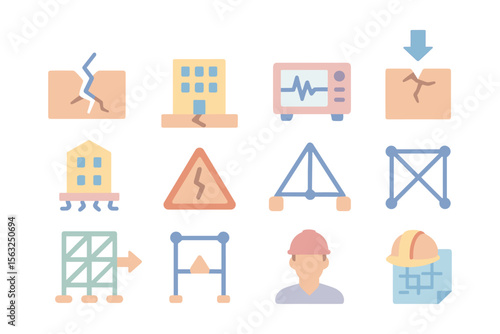 Construction engineering icons vector illustration - seismic safety and structural design concept for print and digital