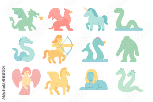 Mythical creatures vector illustration in flat style for fantasy design