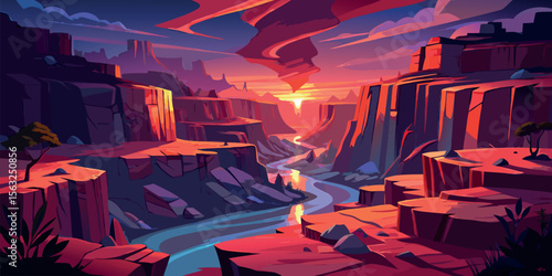 Vibrant Sunset over Canyon River: Stylized Vector Illustration of Dramatic Red Rock Landscape, Serene Mood, Breathtaking Vista.