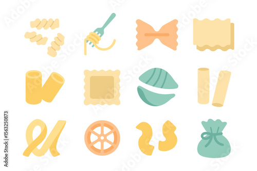 Flat style italian pasta varieties vector illustration for culinary guide