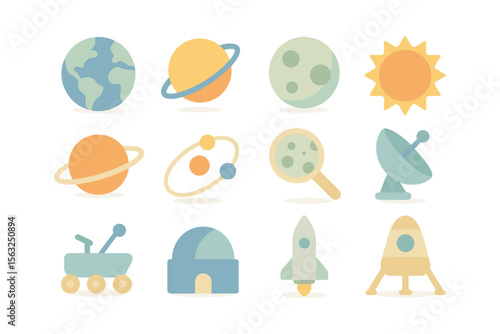 Space exploration icons vector illustration: flat style for posters and cards