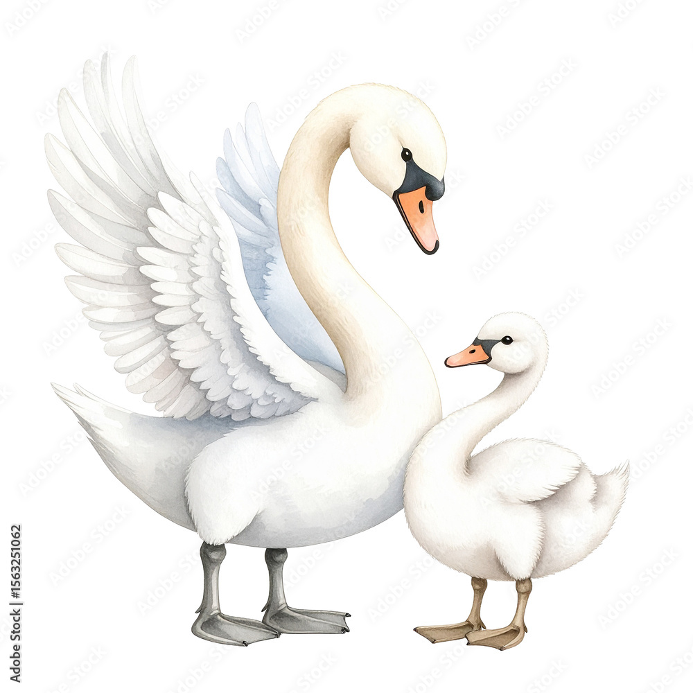 Obraz premium Elegant Swan Family Portrait: A heartwarming portrayal of a majestic swan alongside its adorable cygnet, radiating tenderness and familial love.
