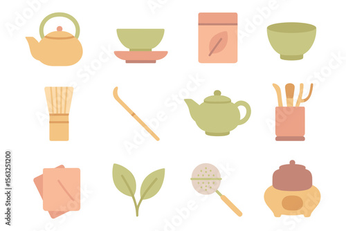 Traditional tea ceremony items vector illustration for print and design in flat minimalist style