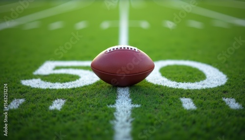 Close-up of an American football on the 50-yard line of a grassy field. A focused sports scene symbolizing competition, strategy, and game-day atmosphere. Perfect for athletic and event-based content.