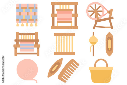 Traditional weaving tools vector illustration: craft and textile design in flat style