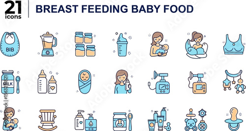 Breastfeeding baby food icons set mother and baby care vector illustration