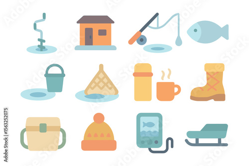 Winter ice fishing equipment in flat vector illustration for outdoor adventure design