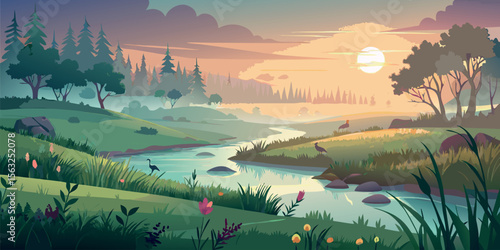 Serene Sunset River Landscape:  Peaceful pastoral scene, stylized vector art, warm evening light, winding river, lush green meadows, tranquil mood, idyllic nature.