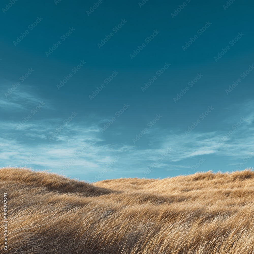 Fototapeta premium Expansive Golden Grassland Under Clear Blue Sky with Soft Clouds