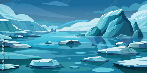 Serene Arctic Landscape:  Stylized Vector Illustration of Glacial Lake, Icebergs, and Snow-Covered Mountains at Dusk, Evoking a Calm and Peaceful Mood.