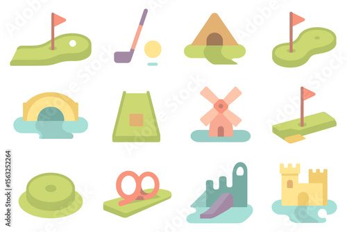 Mini golf course vector illustration - flat pastel style elements for game design