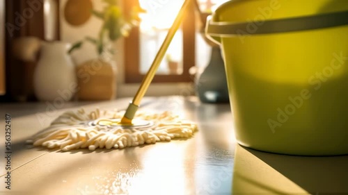 Cleaning tools on linoleum floor inside bright cozy apartment interior