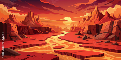 Fiery Sunset over Martian Canyon:  Stylized Vector Illustration of an Alien River Landscape, Dramatic Red Hues,  Epic and Surreal Mood.