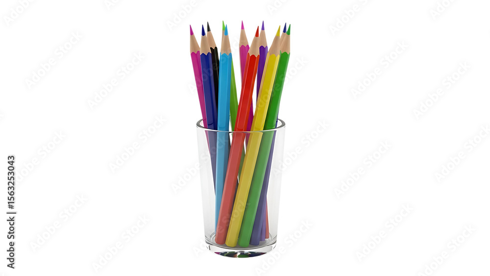 Fototapeta premium Colorful pencils clustered in a clear glass cup against a white background.