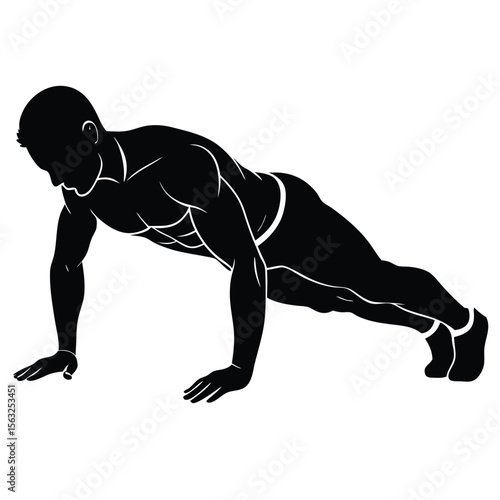 Muscular man performing plank exercise with defined abs and arms plank pose fitness