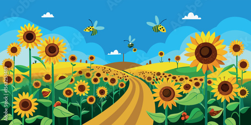 Vibrant summer sunflower field illustration, whimsical style, cheerful mood, winding path, busy bees, idyllic countryside landscape, perfect for greeting cards or children's book.