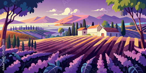 Serene Tuscan Landscape:  Vibrant Purple Lavender Fields, Rolling Hills, Farmhouse, and Cypress Trees at Sunset;  Stylized Vector Illustration.
