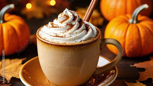 A warm cup of pumpkin spice latte topped with whipped cream and cinnamon sits on a saucer. Surrounding pumpkins and autumn leaves create a cozy fall atmosphere.