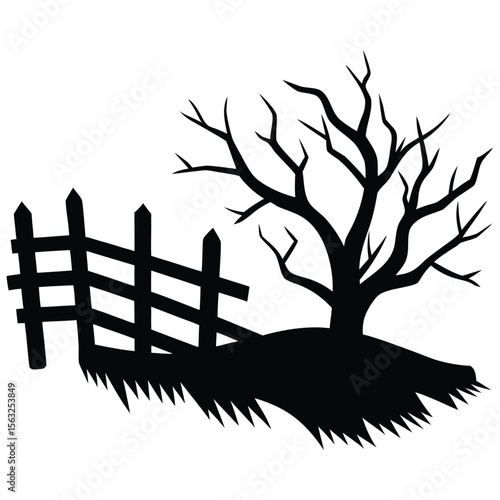 Silhouette broken fence barren tree sharp grass black
