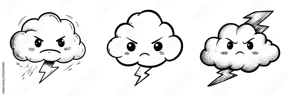 A cute angry stormy cloud and thunder cartoon emotion expression icon in modern illustration style A cute angry stormy cloud and thunder cartoon emotion expression icon in modern illustration style