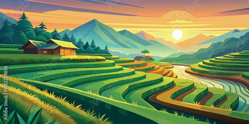 Serene Asian Rice Terraces at Sunset: Vibrant Vector Illustration of Lush Green Fields, Traditional House, and Majestic Mountains.