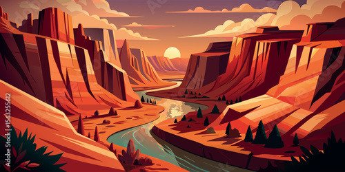 Sunset Canyon River Landscape:  Vibrant, stylized vector illustration of a scenic desert river winding through majestic red rock canyons at sunset, evoking a sense of peace and adventure.