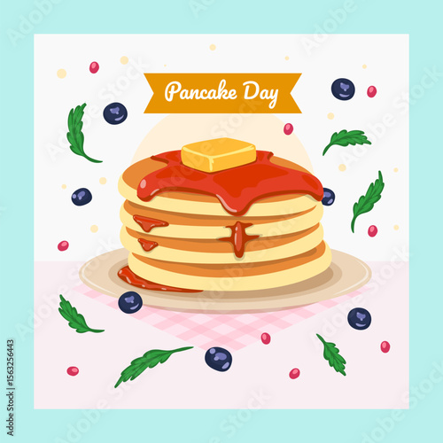 Stack pancakes Day Design Template. Stacks of tasty pancakes with, cherry, blueberry, strawberry, butter, chocolate, fruits Delicious breakfast food vector illustrations. American brunch berries nuts