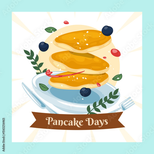 Stack pancakes Day Design Template. Stacks of tasty pancakes with, cherry, blueberry, strawberry, butter, chocolate, fruits Delicious breakfast food vector illustrations. American brunch berries nuts