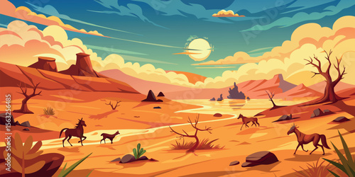 Serene Desert Landscape: Stylized Vector Illustration of Horses and a Calm Oasis at Sunset, Warm Color Palette, Peaceful Mood.