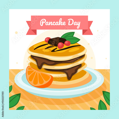 Stack pancakes Day Design Template. Stacks of tasty pancakes with, cherry, blueberry, strawberry, butter, chocolate, fruits Delicious breakfast food vector illustrations. American brunch berries nuts