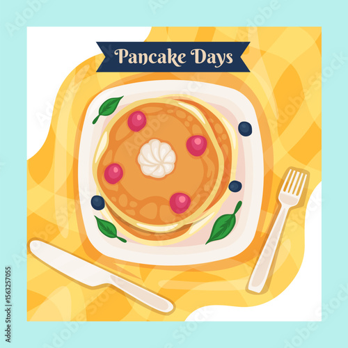 Stack pancakes Day Design Template. Stacks of tasty pancakes with, cherry, blueberry, strawberry, butter, chocolate, fruits Delicious breakfast food vector illustrations. American brunch berries nuts