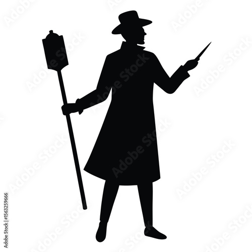 Silhouette of man in hat and coat holding brush and palette painter