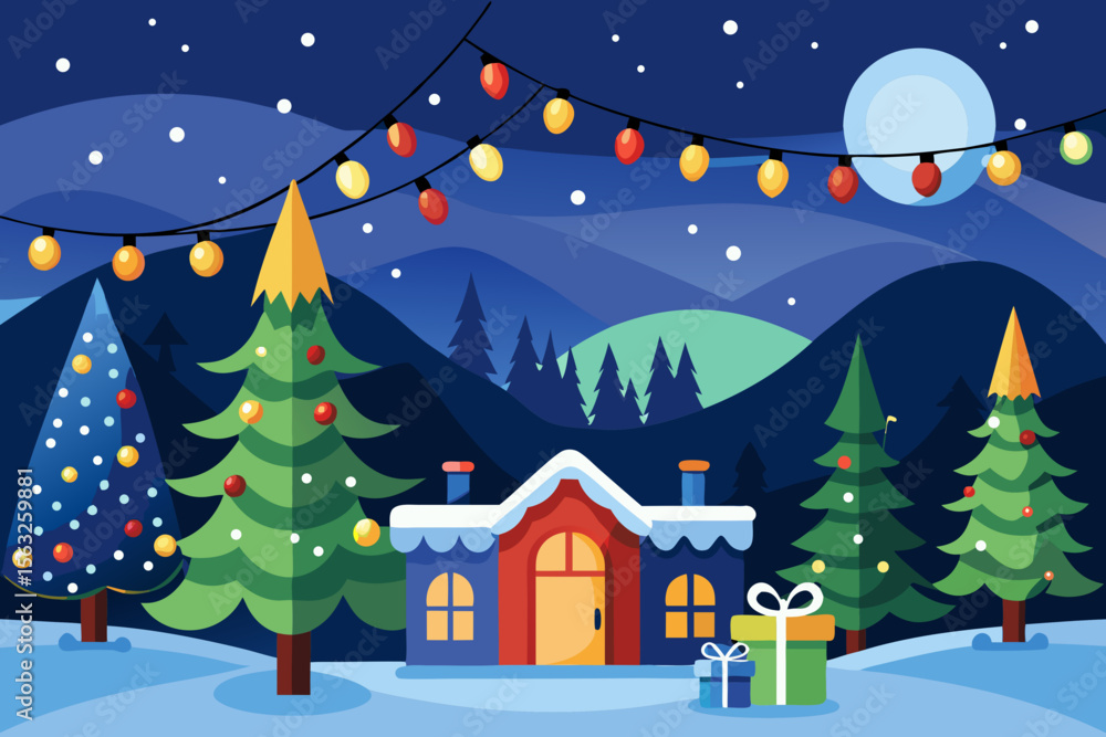 Naklejka premium Christmas night landscape: Snowy winter village and city scenes with decorated trees, houses, and festive star illustrations for holiday season greetings