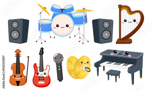 Cute musical instruments drum, piano, bass, violin, harp cartoon style