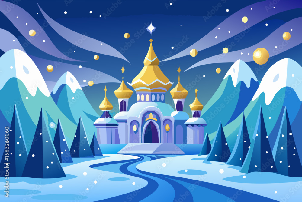 Fototapeta premium Here's a concise description combining your keywords:A festive winter landscape with a snow-covered church, village houses, and trees under a night sky, celebrating Christmas and the New Year