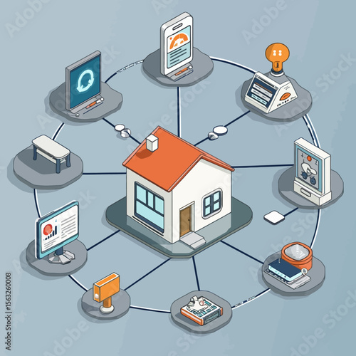 Smart home technology network connecting various devices and appliances to a central house.