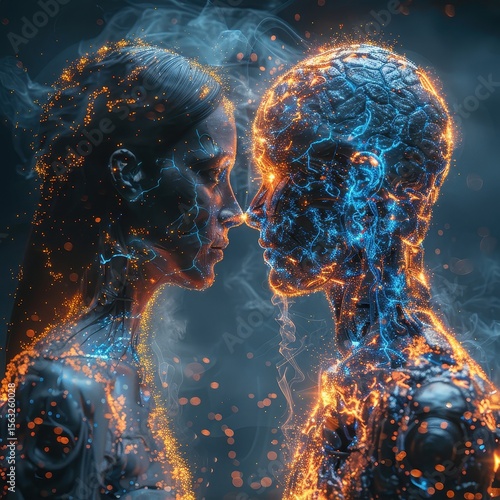 Two people with glowing faces and a blue background