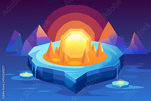 Colorful cartoon vector illustration of yoga meditation in the lotus position on a summer beach with the sun and sea