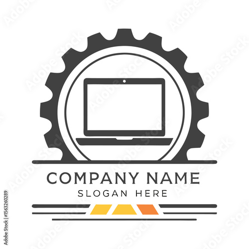 Laptop enclosed in a gear, representing technological advancement and service