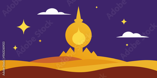 Dark desert night landscape with moon and stars, a lone tree silhouette under the blue sky