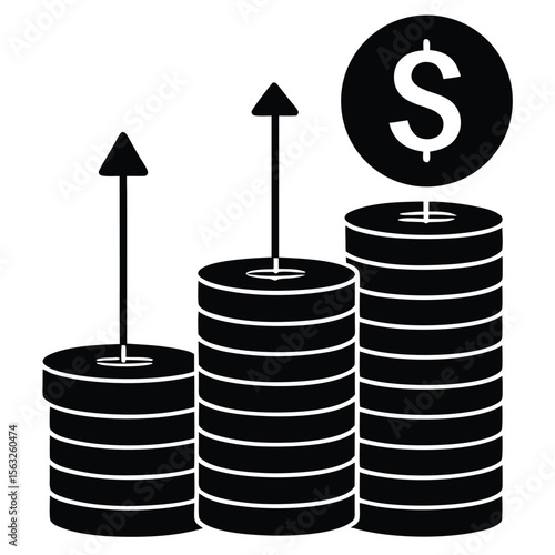 Stacks of coins growing taller with upward arrows and dollar symbol money finance